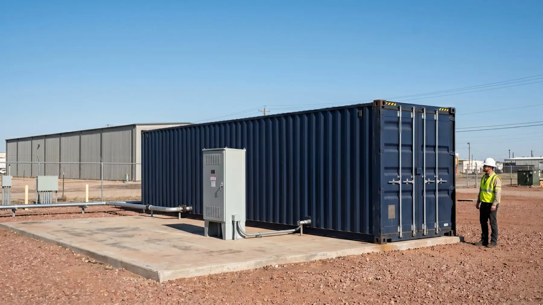 NYX 10K modular synthetic natural gas generator on a concrete pad at an industrial site